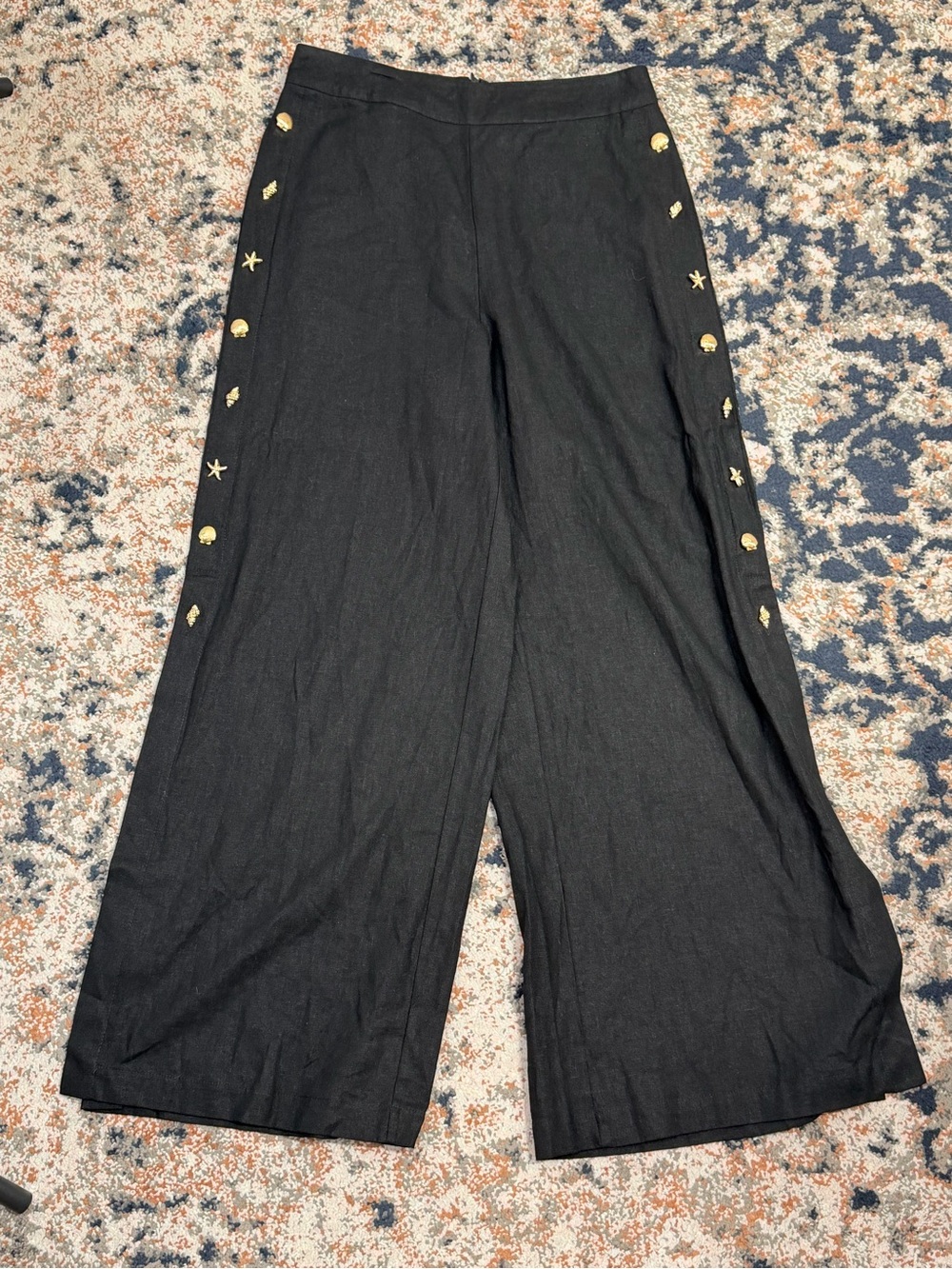 Cynthia Rowley Boho Black Linen Blend Wide Leg Pants Seashell Embellished Size S - Picture 2 of 10